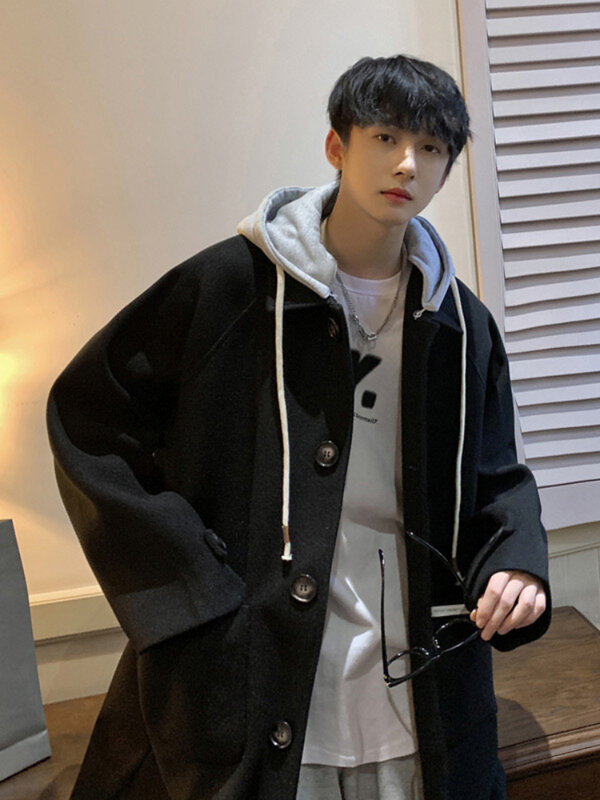 Kapuzen mischungen Männer koreanischen Stil Schnürung gespleißt einreihig Frühling Herbst Temperament Streetwear Tender Advanced Classic