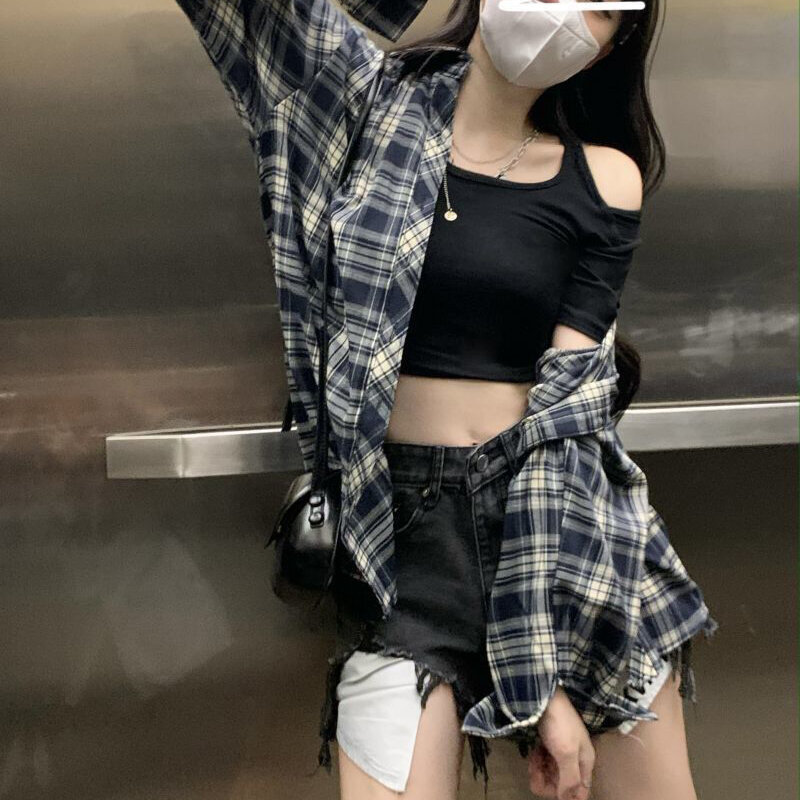GIDYQ camicia a quadri da donna estate moda calda dolce manica lunga da donna Top coreano Casual Harajuku Y2K tutto abbinato camicetta allentata