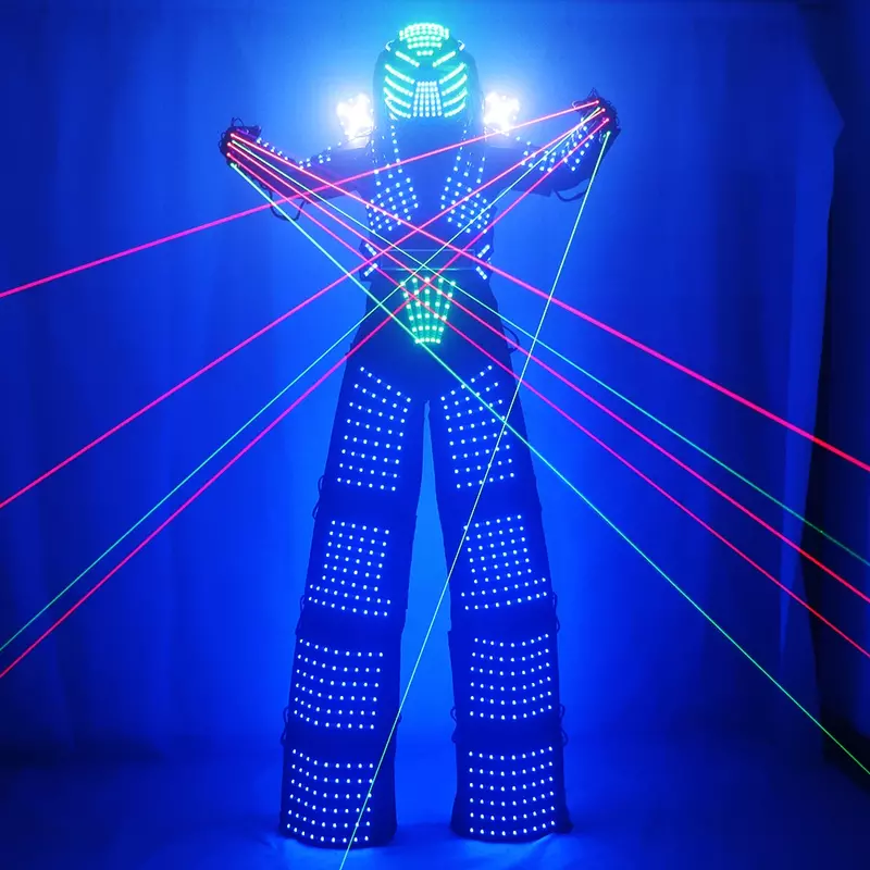 Costume de robot prédateur à LED, tenue de rave, olympiques Shoous, blanc, argent, miroir, échasses, casque de marcheur, gants laser, odorCO2, machine à jet