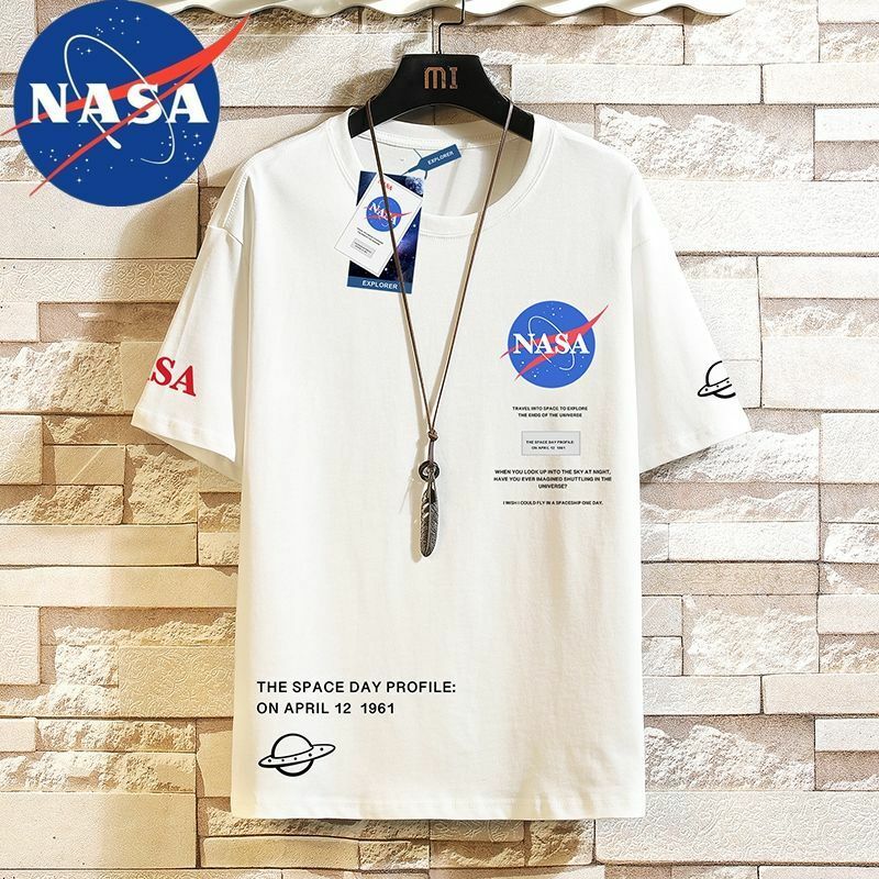NASA 남성용 캐주얼 심플 패션 반팔 슬림 라운드넥 티셔츠, 다목적 트렌드, 여름