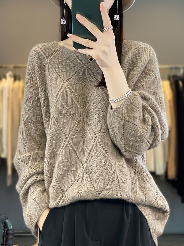 Aliselect moda damska sweter sweter z okrągłym dekoltem Vintage 100% wełna merynosów z długim rękawem dzianina z dziurami odzież wiosenna topy
