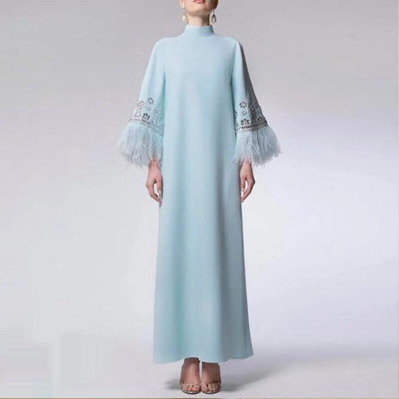 Gaun Prom leher tinggi gaun malam lengan panjang dengan panjang pergelangan kaki musim panas wanita pesta pernikahan gaun Formal Arab