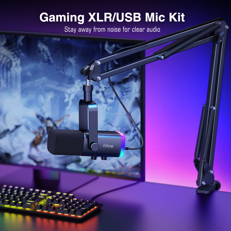Kit microfono da gioco FIFINE XLR/USB con Jack per cuffie/supporto muto/RGB /Arm, Set di microfoni dinamici per PC PS5/4 Mixer amplificatore AM8T