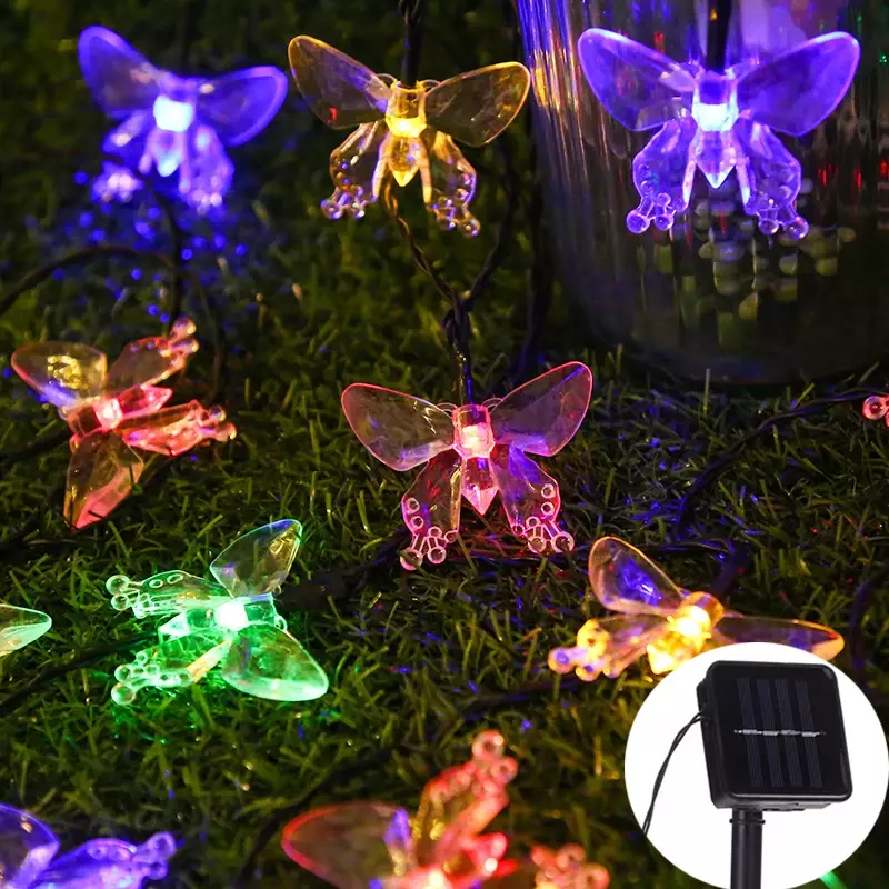 Lampu tali kristal kupu-kupu tenaga surya luar ruangan lampu Natal Jalan untaian teras tahan air IP65 8 Mode LED 20/30/50/100