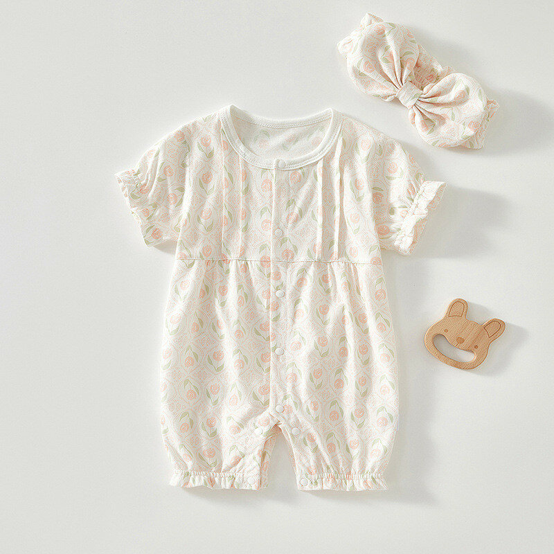 赤ちゃんのための夏のジャンプスーツ、半袖、薄い、ヘアバンド、パジャマ、新生児服