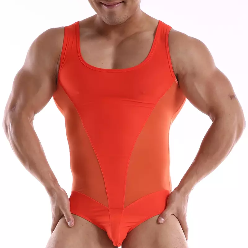 Men Sexy Gym Fitness Bodysuit Undershirt Leotards Tank Top Gym Singlet Muscle Vest Underwear Sleeveless Breathable Mesh Jumpsuit