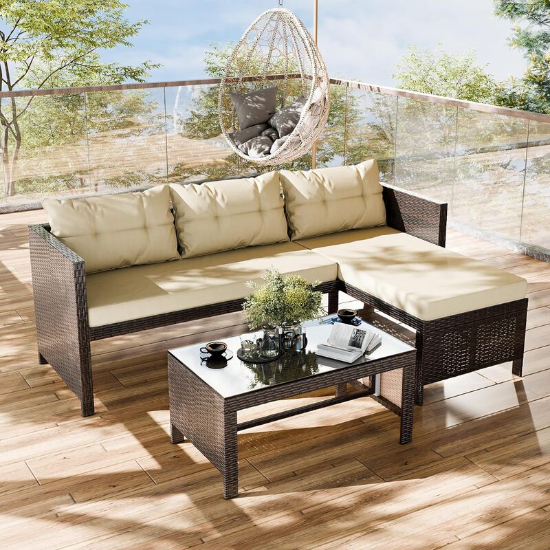 3 PCS Wicker Patio Conversation Furniture Set, Patio Corner Sofa w/ Outdoor PE Rattan,  Includes Loveseat Sofa,Couch and able