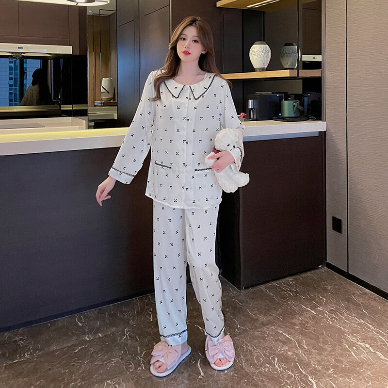 Estilo francês princesa luxo arco impresso cetim pijamas definir manga longa camisa calças homewear macio pode ser desgastado pijamas