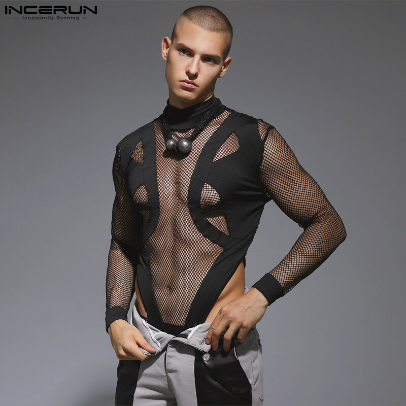 INCERUN pria Bodysuit Mesh perca seksi Turtleneck lengan panjang Skinny T Shirt pria Streetwear transparan 2023 Fashion Bodysuit
