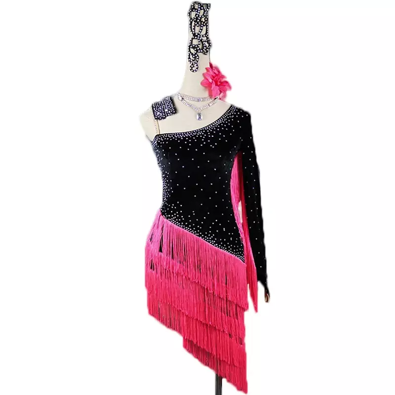 Robe de brevLatine à Strass pour Femme Adulte et Enfant, Costume de Compétition à Franges en Velours, Vêtements de Salsa, Nouvelle Collection