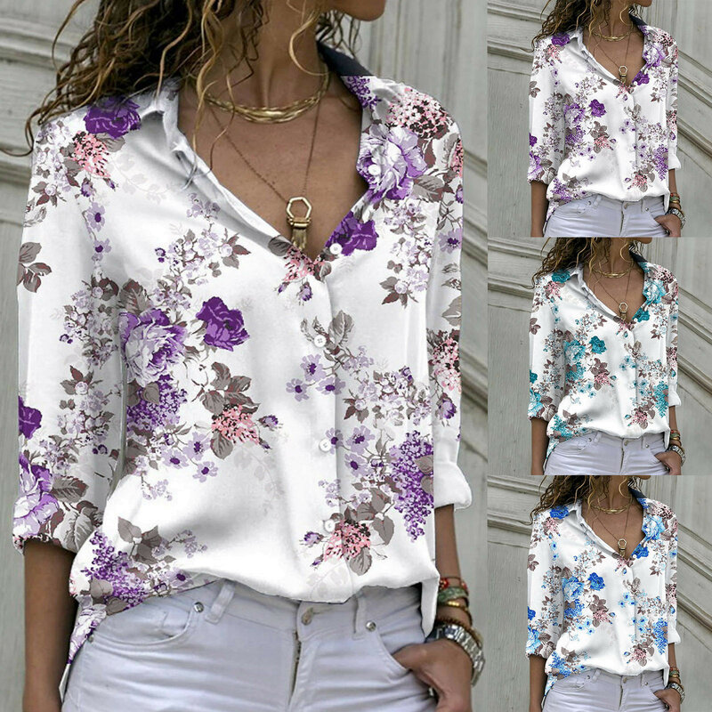 Blusa feminina de lapela de manga comprida, blusa feminina glamorosa estampada, camisas soltas casuais, tamanho grande, moda verão, 2024