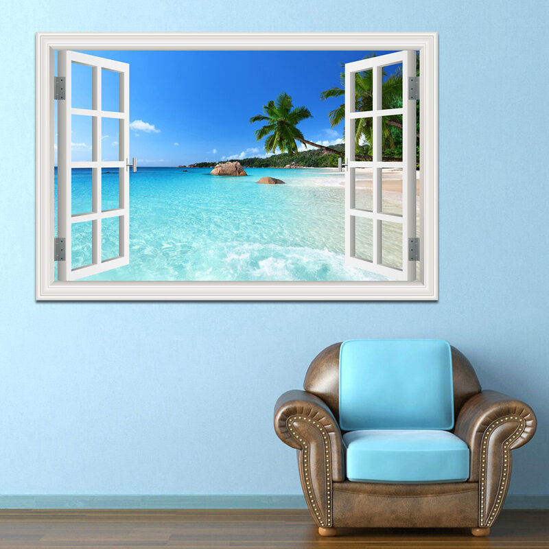 Póster de lienzo artístico con impresión de paisaje moderno para decoración de sala de estar, cuadro de pared para el hogar, ventana 3D, playa, árbol de coco