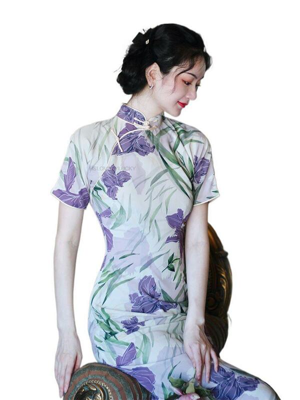 Vestido chino Vintage con estampado de flores para mujer, vestido étnico Oriental, Cheongsam femenino, vestido de noche elegante para fiesta, Qipao Floral