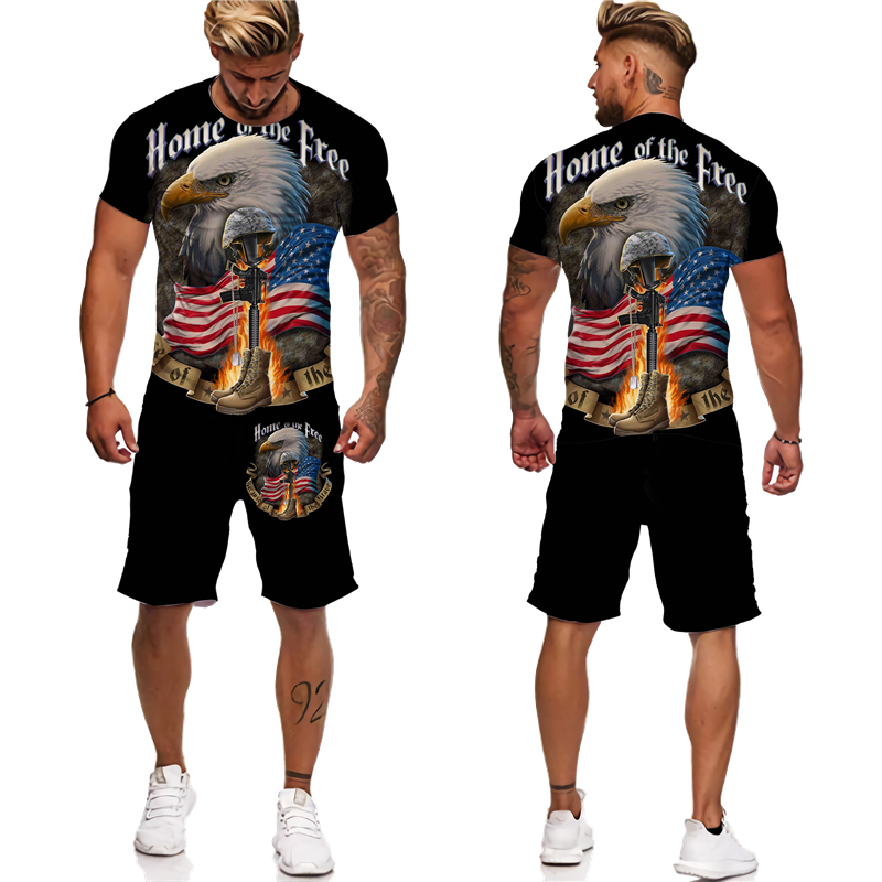 Dres męski t-shirt szorty 2 sztuki zestaw garnitur Casual z nadrukiem 3D amerykański orzeł odzież typu Streetwear z krótkim rękawem Oversized odzież męska