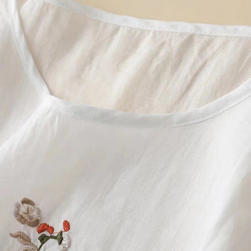 O Neck Casual Summer Embroidered Blouse Women Sweet Cotton T-shirt Loose Vintage Shirt 2023 Short Sleeve Tops Mujer Female 26840