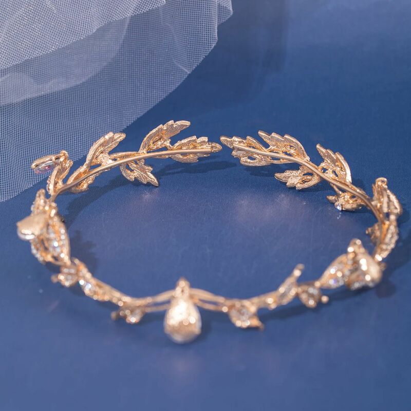 New Vintage Crown Leaves Waterdrop Pendent Tiara Wedding Hairband Rhinestone Party Princess Elf Hairdress Jewelry