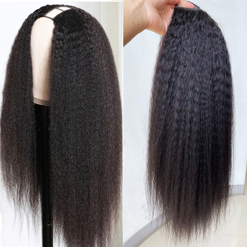 Kinky Straight U Part Wig para as Mulheres, cabelo humano sem cola, sem deixar de fora, 180% Densidade, Yaki