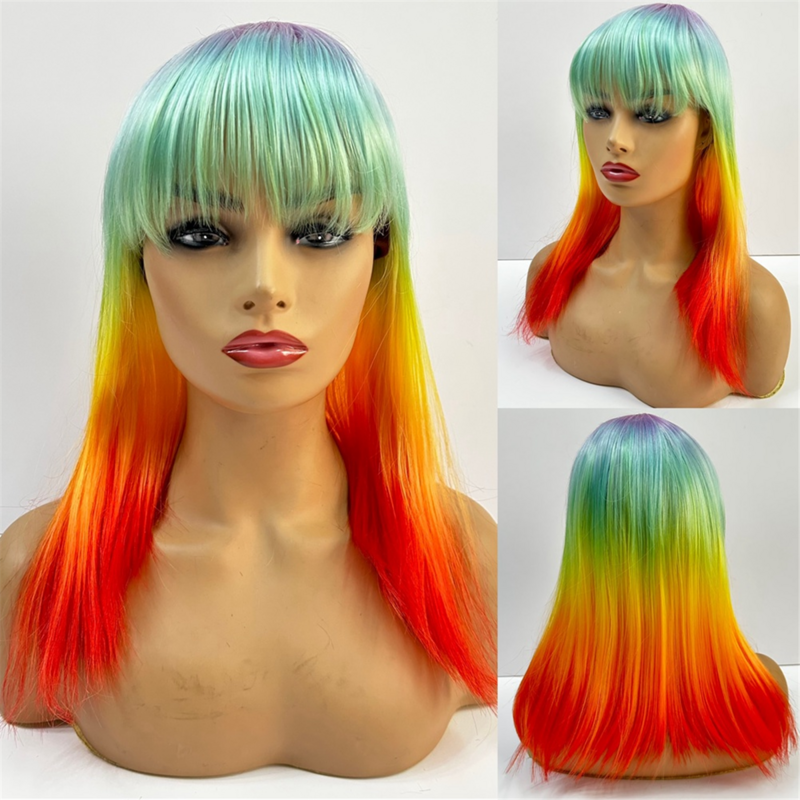 Perucas sintéticas do arco-íris para mulheres, perucas retas longas para meninas, cor gradiente, dramatização, festa de feriado