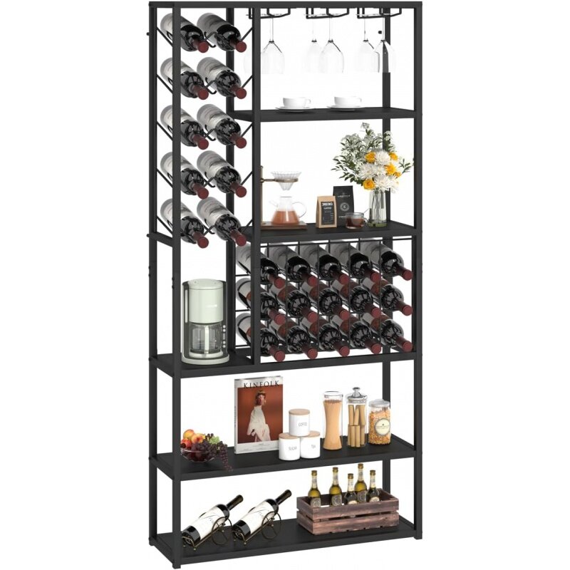Tall Wine Bar Cabinet, 5 Tier Industrial Liquor with Glass Holder and Storage, Farmhouse Metal Coffee Cabinet w
