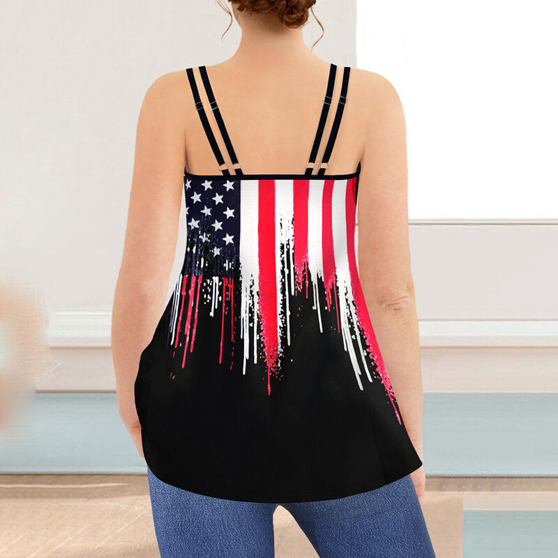 Plus Size Casual Black Stars And Stripes Print Cami With Built In Bra