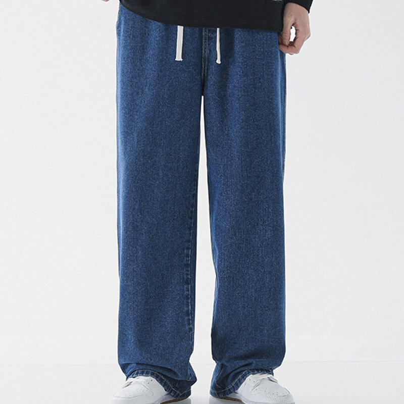 Jean droit surdimensionné bleu pour homme, pantalon en Denim Vintage, avec cordon de serrage, taille élastique, jambes larges, printemps été