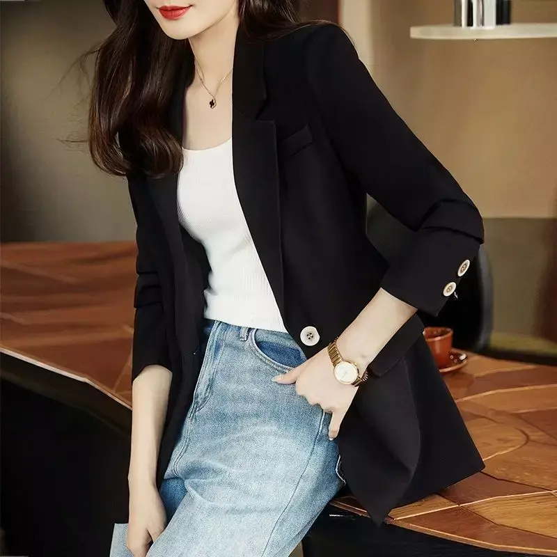 女性の韓国スタイルのシックなブレザー,黒のスーツ,長袖ジャケット,オフィスの女性のコート,タイトなブレザー,単色,新品,秋