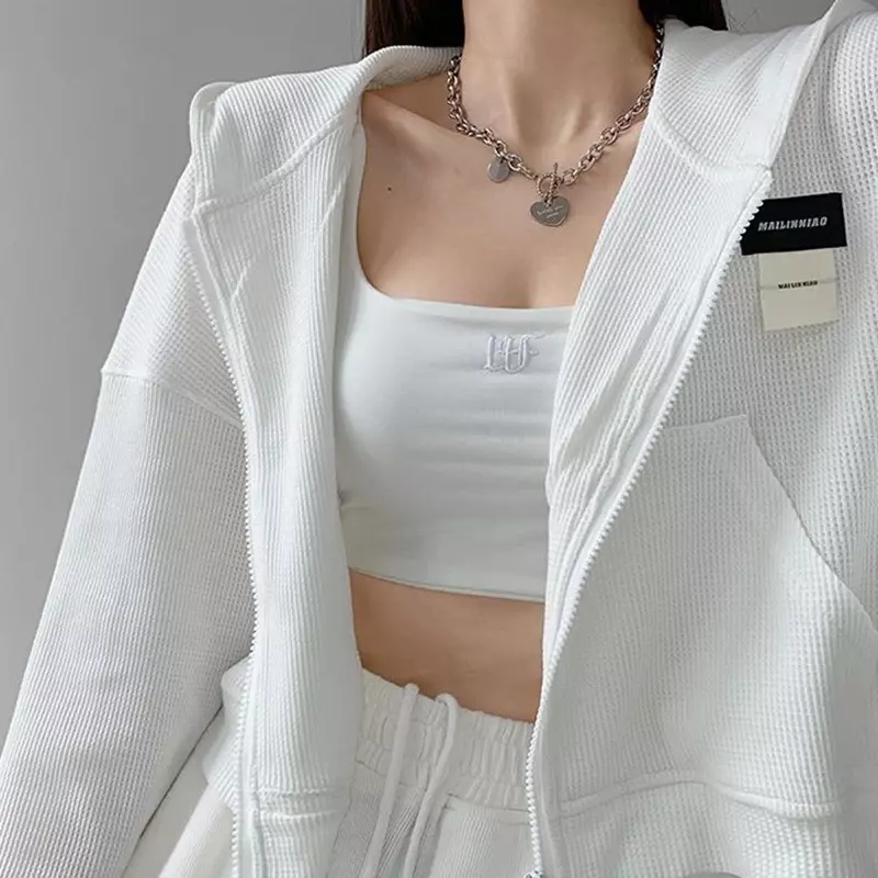 Jaqueta de manga comprida com zíper feminino, capuz recortado sexy, moletom curto com capuz, streetwear coreano Y2K, outono