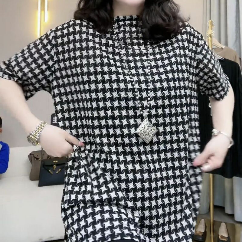 Fashion Houndstooth Pullover tipis pakaian wanita kasual setengah kerah tinggi semua cocok musim panas lengan pendek kaus cetak Korea