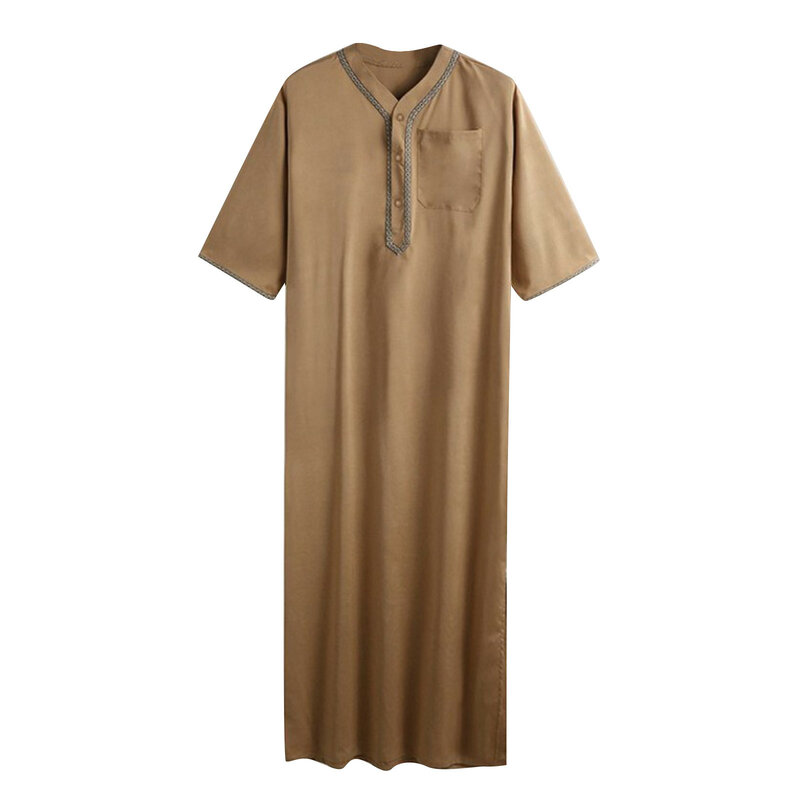 Robe musulmane à manches mi-longues pour hommes, chemise boutonnée, robes longues, caftan, stérilie saoudite, adt Jubba Thobe, Dubaï, décontracté