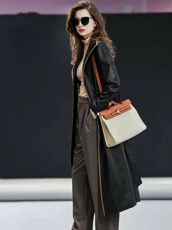 Jaqueta longa de couro genuíno para mulheres, sobretudo de peito único, casaco feminino elegante, designer de cores misturadas, primavera e outono, 2024