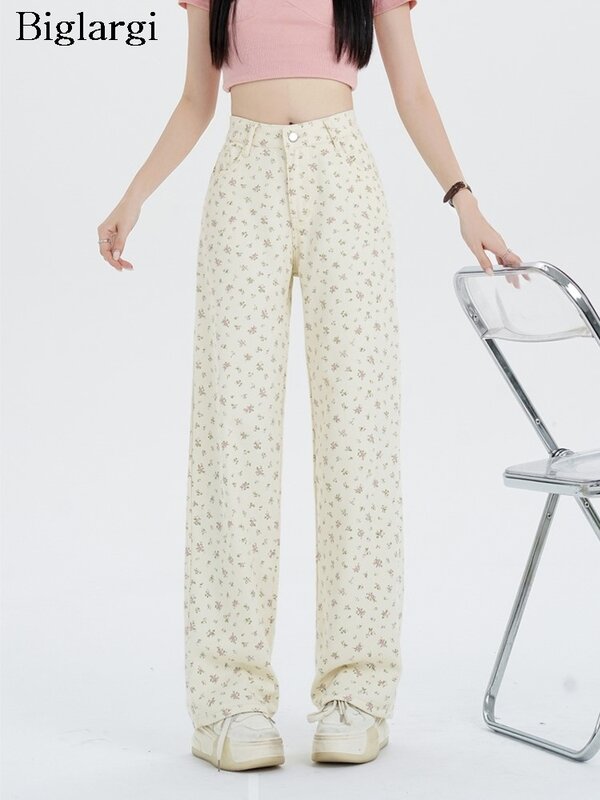 Primavera estate fiore lungo pantalone floreale donna vita alta moda dolce donna pantaloni larghi pieghettati stile coreano donna pantaloni