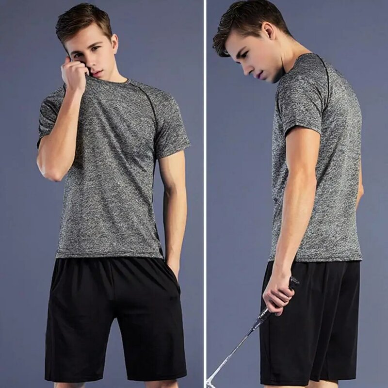 Men Sports Suit Quick-drying Fitness Outfit Men's Summer Sportwear Set O-neck Short Sleeve T-shirt Elastic Waist Wide for Active