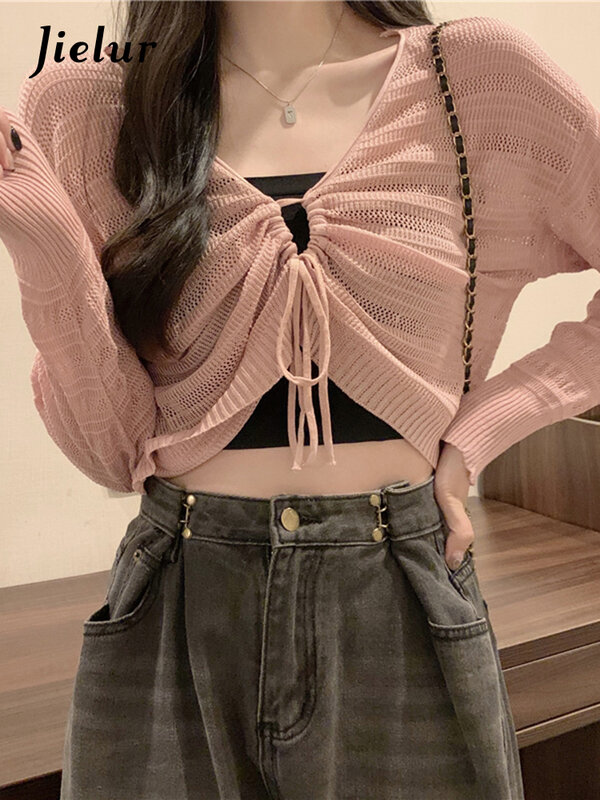 Jielur Autumn New Solid Color Slim Cardigan Woman Sweet Ladies Hollow Out Cardigan Pink White Green Black Knitted Cardigan Women