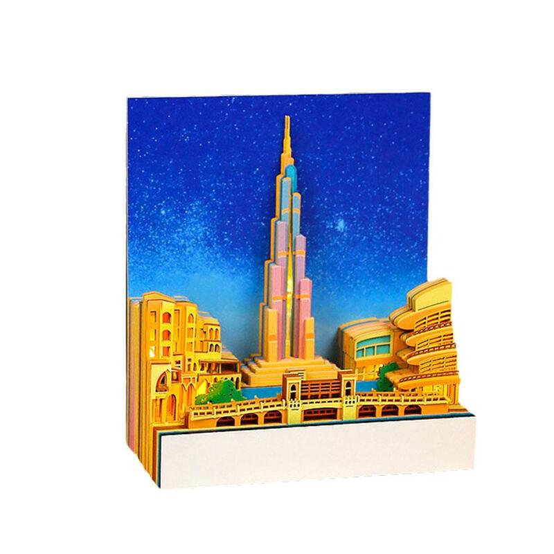 Omoshiroi-3D Block Notepad, 3D Memo Pad, Cartão de Papel com Novos Presentes Modelo, Dubai Birthday Burj, Notepad Iluminado, Year Note P7G2