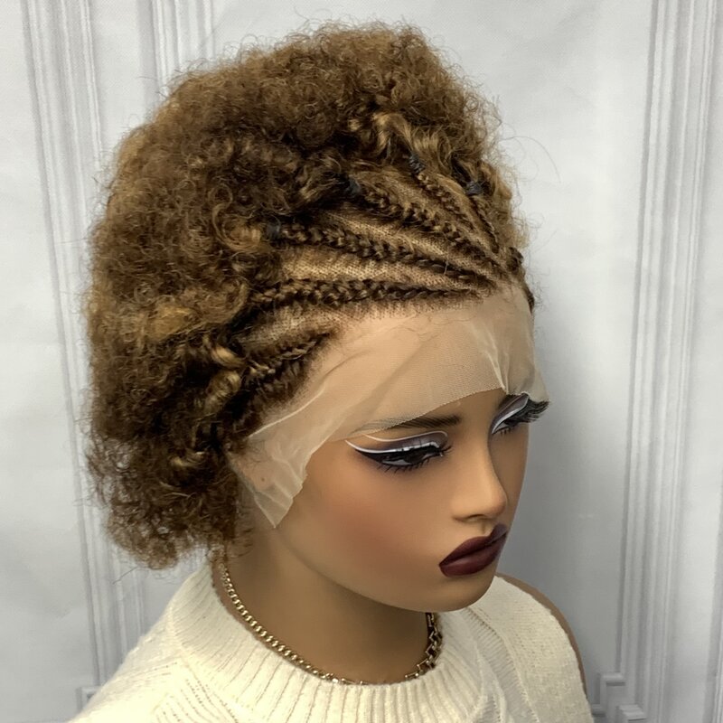 6 inch Afro Kinky Curly 13x4 Transparent Lace Human Hair Wigs with Braids 200% Density Short Curly Bob Wigs for Women PrePlucked