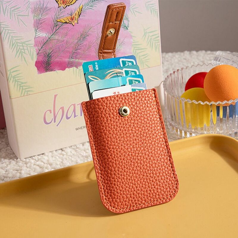 Laminasi tas kartu Mini tersembunyi ramping pengait tarik Multi Slot dompet kulit PU tempat kartu klip uang wanita