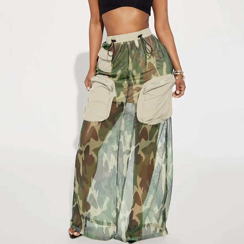 Mesh PersPective Light And Thin Camouflage Printed HigH Waisted Drawstring Patchwork Pocket Loose Street Work Style Long Skirt