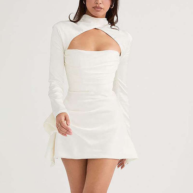 Gaun musim gugur untuk wanita 2024 gaun pesta elegan potongan Mini lengan Flared panjang warna murni seksi untuk wanita Vestidos