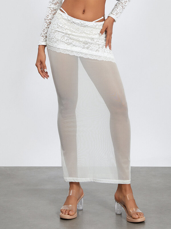 Jupe longue taille basse en dentelle transparente pour femme, élégante, patchwork, été, club, fête