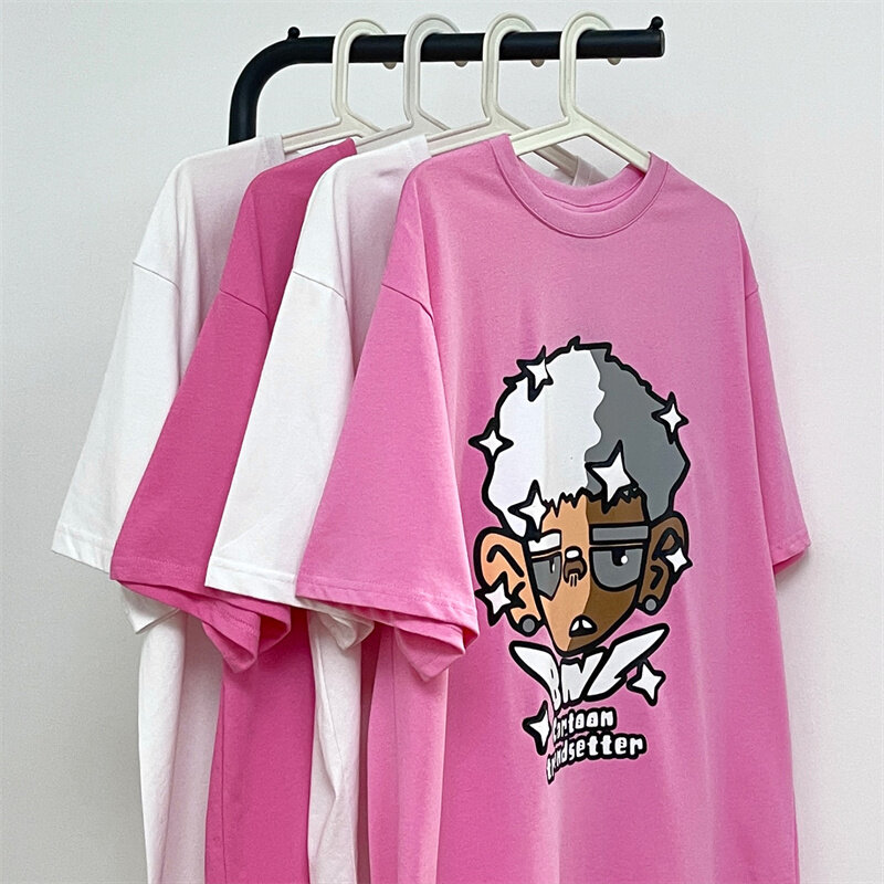 Camiseta de manga corta con estampado de retrato de dibujos animados Retro de estilo americano para hombre, ropa holgada informal para pareja
