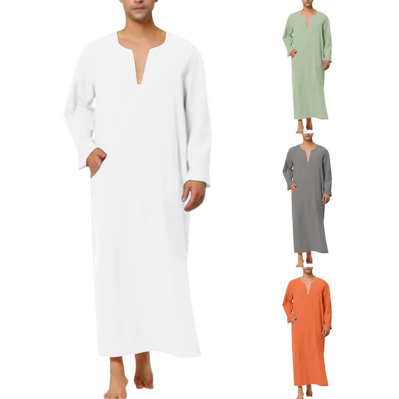2024 kemeja lengan panjang Abaya pria Muslim set pakaian Islam Pakistan Jubba Thobe untuk pria tunik Arab Kaftan jubah Saudi