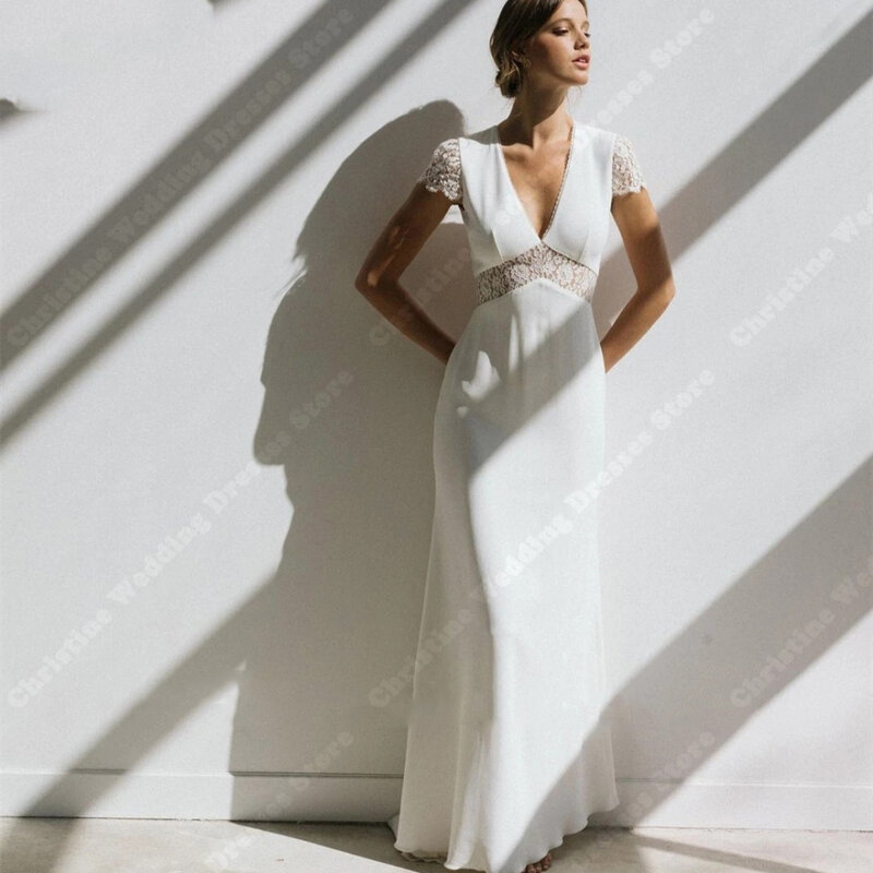 Gaun pernikahan wanita Deep-V seksi gaun pengantin tanpa lengan Motif renda selebriti gaun pesta pertunangan Formal gaun pengantin 2024