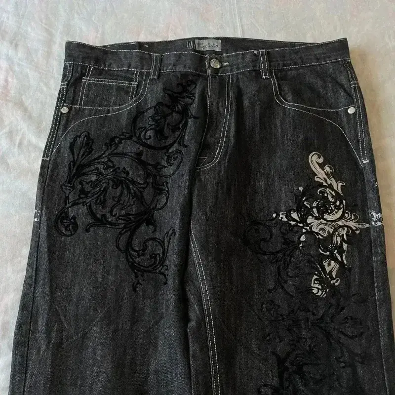 2024 amerykański Retro jeansy Y2K spodnie z dużym wzorem luźne jeansy gotyckie spodnie z wysokim stanem szerokie spodnie odzież uliczna