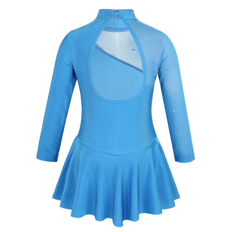 女の子のための放射性のある長袖のドレス,ラインストーンのメッシュラインストーンのスケート,ボールルーム,バレエダンス服