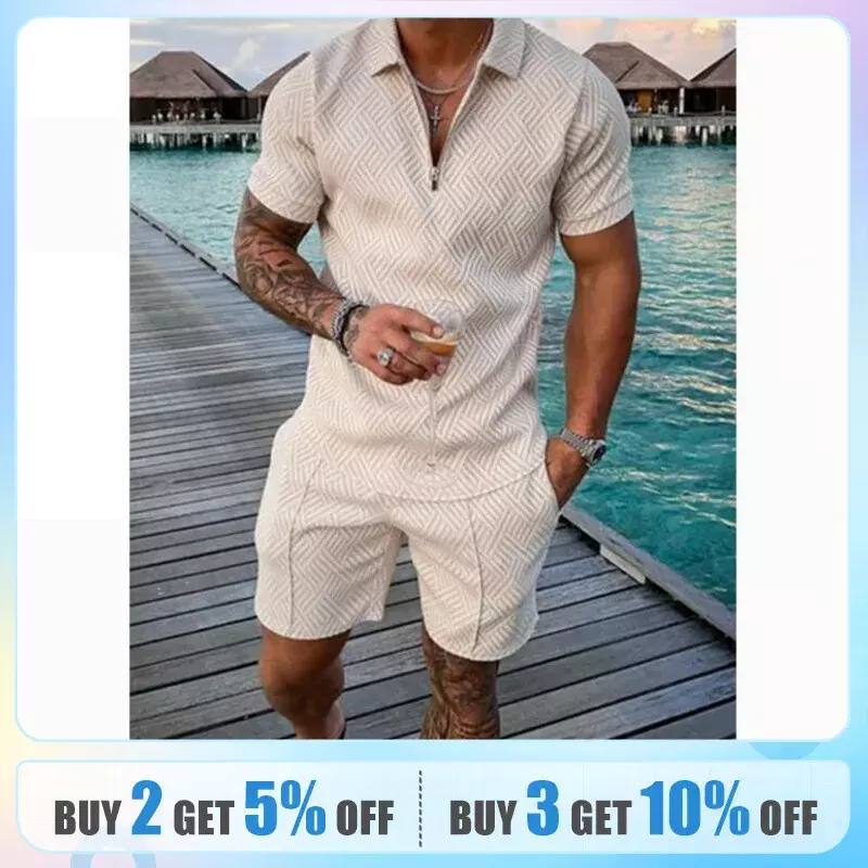 2024 Men's Summer New Fashion Two-piece Casual Printing Solid Color POLO Zipper Lapel Shirt Elastic Sports Short-sleeved Suit