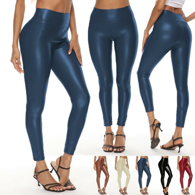 Pantalones elásticos ajustados para mujer, pantalones pitillo de aspecto húmedo para fiesta, ropa de entrenamiento para discoteca, piel sintética, 2021