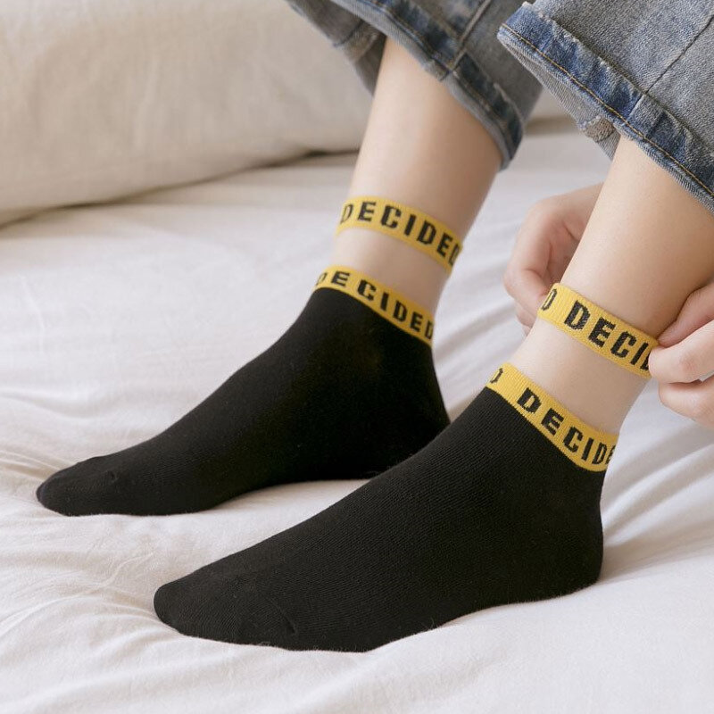 5 Pairs Women Summer Socks Candy Color Crystal Silk Letter Patterned Short Socks Harajuku Funny Thin Casual Female Ankle Socks
