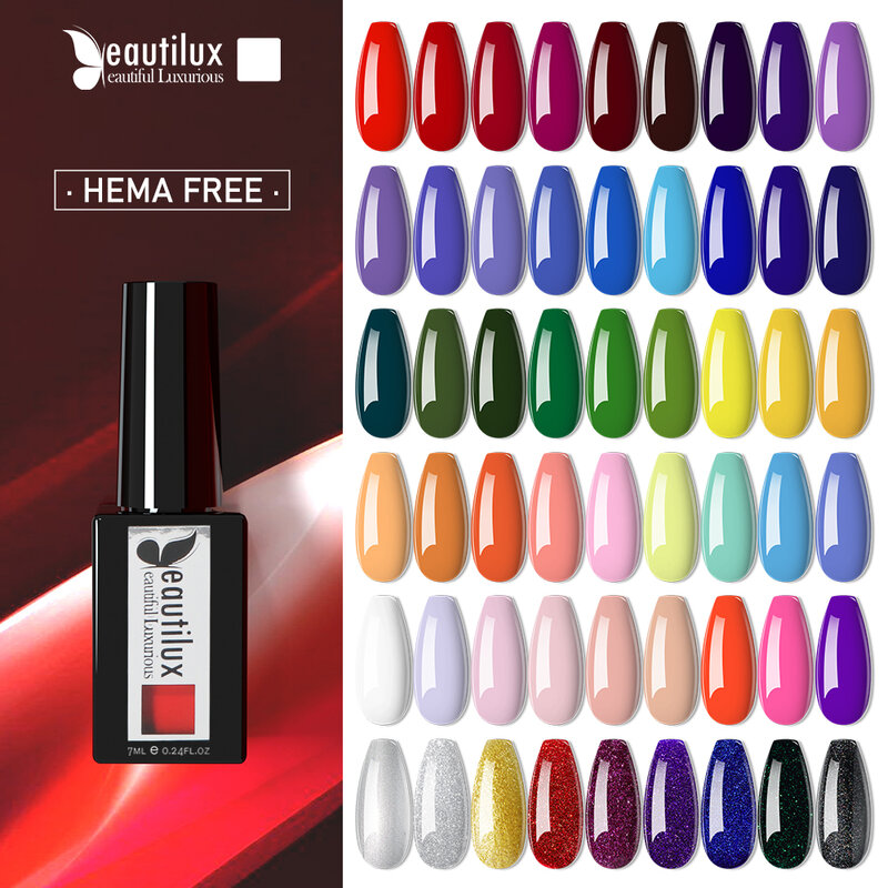 Beautilux HEMA Free Gel Nail Polish Soak Off UV LED Semi Permanent Gels Nails Lacquer Base Top Coat Varnish 7ml