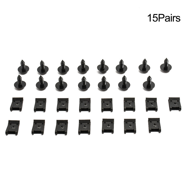 Комплект из 15 черных крепежных элементов для бампера и боковой юбки с винтами и U-образными зажимами