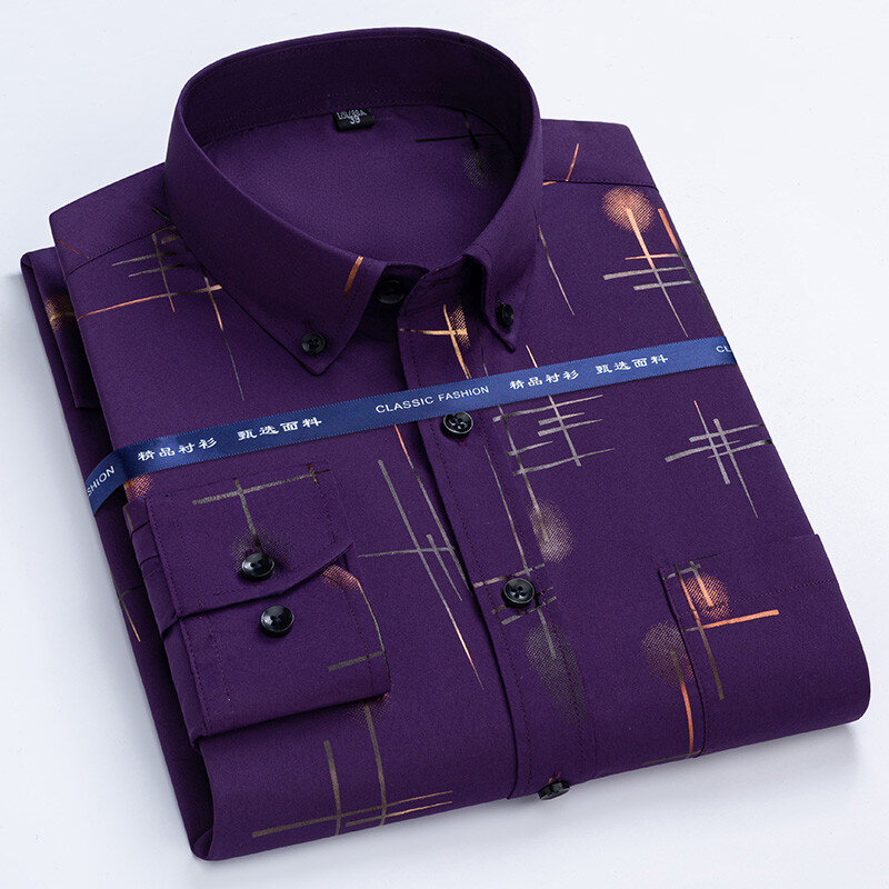Luxe Glad Soft Non Ijzer Mannen Lange Mouw Overhemd Designer Fashion Afdrukken Mannelijke Formele Shirts Button Casual